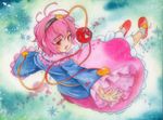  eyeball frills gathers hairband heart kinakira komeiji_satori looking_back outstretched_arms pink_hair red_eyes short_hair skirt slippers solo sparkle spread_arms third_eye touhou traditional_media 