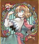  alice_margatroid blonde_hair blue_eyes bow capelet colored_pencil_(medium) doll dress flower hair_bow hairband jewelry leaf marker_(medium) polearm ribbon ring shanghai_doll shikishi short_hair smile socha solo string touhou traditional_media weapon 