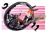  2011 :d american_flag animal_ears bare_shoulders boyaking bunny_ears bunny_tail bunnysuit high_heels monowheel open_mouth orange_hair original pantyhose pointing riding rocket_roadster shoes short_hair smile solo striped striped_background tail wrist_cuffs 