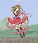  boots bow breasts dress frills front_ponytail green_eyes green_hair hair_bow hair_ornament hair_ribbon highres kagiyama_hina long_hair medium_breasts open_mouth pinzu ribbon short_hair skirt skirt_lift smile solo spinning touhou 