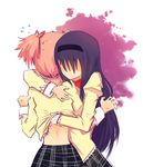  akemi_homura black_hair hair_ribbon hairband hand_under_clothes hug kaname_madoka long_hair mahou_shoujo_madoka_magica mitakihara_school_uniform molestation monster28 multiple_girls pink_hair ribbon school_uniform short_twintails skirt twintails yuri 