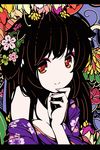  black_hair breasts cleavage colorful eyeshadow face flat_color floral_print flower hair_flower hair_ornament hands ideolo japanese_clothes kimono letterboxed looking_at_viewer makeup medium_breasts nail_polish no_nose orange_eyes original red_eyes smile solo 