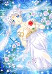  bead_bracelet beads bishoujo_senshi_sailor_moon blue_eyes bracelet crescent double_bun dress facial_mark flower hair_ornament hairpin hasutsuki_tooru jewelry long_hair princess_serenity red_flower red_rose rose sad solo strapless strapless_dress tsukino_usagi twintails water white_flower white_hair white_rose 