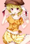 animal_ears bangs blonde_hair blush breasts brown_hat bunny_ears collarbone commentary_request dango ear_clip eating eyebrows_visible_through_hair feet_out_of_frame flat_cap floppy_ears food frills hands_up hat highres holding holding_food medium_breasts midriff moon_rabbit navel orange_shirt pink_eyes ringo_(touhou) ruu_(tksymkw) shirt short_hair short_sleeves shorts sitting skewer solo striped striped_shorts touhou vertical-striped_shorts vertical_stripes wagashi white_shorts yellow_shorts 