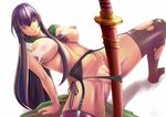  artarchanime bad_id bad_pixiv_id blush breasts busujima_saeko garter_belt highres highschool_of_the_dead katana large_breasts legs long_hair navel nipples purple_hair pussy_peek ribbon solo spread_legs string_panties sword thick_thighs thighhighs thighs torn_clothes torn_legwear weapon 