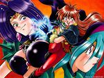  3girls 90s ahoge blue_eyes blue_hair blush boots breasts cape crystal_earrings dated earrings gloves happy jewelry large_breasts lina_inverse lipstick long_hair looking_at_viewer magic makeup mizuki_hitoshi multiple_girls naga_the_serpent necklace open_mouth pants purple_eyes purple_hair red_eyes red_hair sarina_(slayers) simple_background slayers smile 