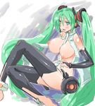  anklet aoba_shou barefoot blush breasts bridal_gauntlets crossed_legs green_eyes green_hair hatsune_miku hatsune_miku_(append) headset jewelry large_breasts legs long_hair long_legs necktie nipples open_clothes open_shirt puffy_nipples shirt sitting sketch solo thighhighs thighs toeless_legwear twintails very_long_hair vocaloid vocaloid_append 