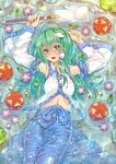  arkas arms_up ball bare_shoulders bell blue_eyes blush detached_sleeves flower gohei green_hair hair_ornament jingle_bell kochiya_sanae leaf long_hair lying navel on_back open_mouth solo temari_ball touhou water wet wet_clothes 