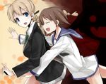  blue_eyes braid brown_hair closed_eyes lynette_bishop miyafuji_yoshika multiple_girls necktie sasaki_kouhei short_hair single_braid strike_witches world_witches_series 