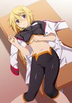  bad_id bad_pixiv_id blonde_hair blush bodysuit breasts charlotte_dunois infinite_stratos leggings legs long_hair lying mattaku_mousuke medium_breasts midriff navel open_mouth pilot_suit purple_eyes shiny shiny_clothes solo spandex thighs tight 