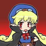  :o bag blonde_hair blue_hat blush bow cape curly_hair eruru_(erl) fang flipped_hair gloves goggles goggles_on_head hand_on_hip hat heart highres long_hair marivel_armitage open_mouth pointy_ears red_background red_eyes ribbon simple_background solo wild_arms wild_arms_2 