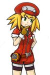  belt bike_shorts blonde_hair blush brown_gloves buttons collared_shirt frown gloves green_eyes hand_on_own_chin hat highres jacket long_hair red_jacket red_shorts rockman rockman_dash rockman_dash_3 roll_caskett shirt short_hair shorts sketch solo standing zipper 
