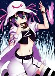  doughnut fire flame food green_eyes hat kama_iruka key merry_nightmare midriff mouth_hold navel pointy_ears purple_hair short_hair skirt smile solo striped striped_legwear thighhighs yumekui_merry 