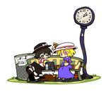  bench black_hair blonde_hair bottle cat clock drink error hat highres hot_dog kuchibashi_(9180) maribel_hearn multiple_girls parody short_hair sitting style_parody touhou trash_can usami_renko 