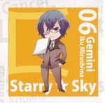  artist_request blue_eyes blue_hair brown_jacket chibi formal full_body glasses hand_on_hip head_tilt highres jacket looking_at_viewer male_focus mizushima_iku pants rimless_eyewear simple_background solo standing starry_sky_(game) suit yellow_background 