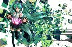  aqua_eyes aqua_hair bad_id bad_pixiv_id banned_artist bare_shoulders black_legwear detached_sleeves glowing green_eyes green_hair hatsune_miku headphones light_smile long_hair necktie outstretched_hand seafh skirt smile solo thighhighs twintails very_long_hair vocaloid zettai_ryouiki 