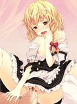  absurdres apron bare_shoulders blonde_hair blush braid buttons censored cum cum_in_pussy flat_chest hair_ribbon highres kaneru kirisame_marisa md5_mismatch nipples no_panties off_shoulder open_mouth penis petite pointless_censoring pussy ribbon saliva sex short_hair socks solo_focus spread_legs strap_slip tears touhou vaginal veins veiny_penis yellow_eyes 