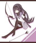  akemi_homura arrow black_hair black_hairband bow_(weapon) hair_flip hairband letterboxed long_hair magical_girl mahou_shoujo_madoka_magica pantyhose purple_eyes shadow simple_background sitting solo weapon yamino_haruka 