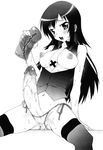  1girl artifical_vagina artificial_vagina blush breasts decensored futanari highres long_hair monochrome mudou_eichi necktie nipples panties penis pocket_pussy precum side-tie_panties sitting solo sweat thighhighs tie uncensored underwear 