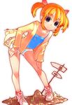  bachera bent_over blue_eyes collarbone flat_chest legs off_shoulder orange_hair original pakky_(bachera) shirt shoes short_hair short_shorts shorts smile sneakers socks solo sweater twintails 