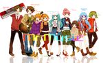  6+girls alternate_costume black_legwear earmuffs engrish everyone glasses goggles goggles_on_head green_hair guitar gumi hands_in_pockets hat hatsune_miku hatsune_miku_(append) headphones highres instrument jacket kaai_yuki kagamine_len kagamine_rin keyboard_(instrument) komine leggings long_hair megurine_luka mr._music_(vocaloid) multiple_boys multiple_girls necktie one_eye_closed open_mouth pantyhose ranguage red_legwear skirt smile stuffed_animal stuffed_toy sweater teddy_bear twintails very_long_hair vocaloid vocaloid_append 