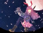  animal_ears ankle_boots black_legwear boots bullpup bunny_ears crescent cross-laced_footwear deras dual_wielding full_moon grin gun holding imi_uzi lace-up_boots long_hair moon necktie night night_sky one_knee p90 pleated_skirt purple_hair red_eyes red_moon reisen_udongein_inaba rocket_launcher rpg rpg-7 skirt sky smile solo star_(sky) starry_sky submachine_gun thighhighs touhou weapon 