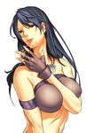  armband bad_id bad_pixiv_id bare_shoulders black_hair breasts brown_eyes cleavage delta_zone fingerless_gloves gloves large_breasts monster_hunter sexually_suggestive solo 