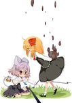  ahoge animal_ears arms_behind_back ascot bad_id bad_pixiv_id basket blonde_hair capelet child darkness dowsing_rod grey_hair hair_ribbon highres jewelry jigatei_(omijin) kneeling leaning_forward looking_down mary_janes mouse mouse_ears mouse_tail multiple_girls nazrin outstretched_arms pendant red_eyes ribbon rumia shoes short_hair standing tail touhou 