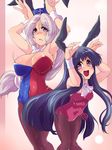  animal_ears bad_id bad_pixiv_id bare_shoulders black_hair black_legwear blush bouncing_breasts bow braid breasts bunny_ears bunnysuit cleavage embarrassed face hand_on_head hat highres houraisan_kaguya kemonomimi_mode large_breasts long_hair multiple_girls nurse_cap pantyhose purple_eyes silver_hair suikamaru touhou very_long_hair wrist_cuffs yagokoro_eirin 