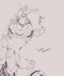  breast_suppress breasts gauntlets gloves greyscale horn kirin_(armor) large_breasts lineart loincloth long_hair lying midriff monochrome monster_hunter monster_hunter_frontier muso-comet navel on_back solo 