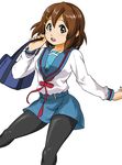  bad_id bad_pixiv_id bag brown_eyes brown_hair cosplay hirasawa_yui k-on! kita_high_school_uniform nakagawa_rui pantyhose school_uniform serafuku short_hair solo suzumiya_haruhi_no_yuuutsu 