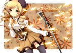  bad_id bad_pixiv_id beret blonde_hair breasts brown_legwear corset detached_sleeves drill_hair fingerless_gloves gloves gun hair_ornament hairpin hat highres large_breasts magical_girl magical_musket mahou_shoujo_madoka_magica pleated_skirt puffy_sleeves ribbon rifle sakura_yuki_(clochette) shirt skirt smile solo striped striped_legwear taut_clothes taut_shirt thighhighs tomoe_mami twin_drills twintails vertical-striped_legwear vertical_stripes weapon yellow_eyes zettai_ryouiki 