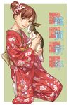 akeome brown_eyes brown_hair bunny floral_print hair_bun happy_new_year japanese_clothes kimono kneeling lips new_year original solo yuuryuu_nagare 