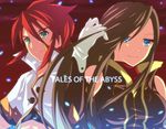  1girl ahoge blue_eyes breasts brown_hair enoo gloves green_eyes hair_flip long_hair luke_fon_fabre medium_breasts midriff red_hair sidelocks smile tales_of_(series) tales_of_the_abyss tear_grants 