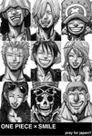  6+boys breasts brook cigarette cleavage earrings everyone eyewear_on_head franky jewelry medium_breasts monkey_d_luffy monochrome multiple_boys multiple_girls nami_(one_piece) nico_robin one_piece roronoa_zoro sanji scar skull smoking sunglasses tattoo tony_tony_chopper usopp wu_yong 