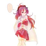  alternate_costume blush cosplay embarrassed long_hair lowres mahou_shoujo_madoka_magica miki_sayaka miki_sayaka_(cosplay) mizuki_(flowerlanguage) ponytail sakura_kyouko solo thighhighs translated 