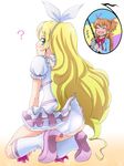  :3 ? blonde_hair blush_stickers boots choker cure_rhythm earrings eyelashes fishing_rod green_eyes highres houjou_hibiki jewelry knee_boots kneeling long_hair looking_back magical_girl mameshiba minamino_kanade multiple_girls open_mouth panties precure skirt skirt_lift suite_precure underwear white_choker white_panties 