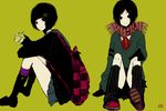  backpack bad_id bad_pixiv_id bag black_eyes black_hair gloves hair_ornament hairclip juice_box kana_(kwbr) leg_warmers multiple_girls original scarf short_hair simple_background sitting skirt smile sweater 