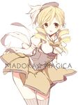  bad_id bad_pixiv_id beret blonde_hair curtsey drill_hair fingerless_gloves gloves hat long_hair magical_girl mahou_shoujo_madoka_magica open_mouth petitbisou puffy_sleeves simple_background sketch smile solo thighhighs tomoe_mami twintails yellow_eyes 