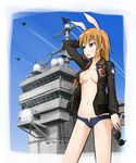  aircraft airplane animal_ears blue_eyes bomber_jacket breasts bunny_ears charlotte_e_yeager cleavage fudama jacket jet medium_breasts navel no_bra open_clothes open_jacket orange_hair outdoors partially_unzipped short_shorts shorts solo strike_witches sunglasses world_witches_series 