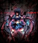  blood blood_stain blue_hair cape dark dual_wielding gloves glowing glowing_eye hair_over_one_eye highres holding light_smile mahou_shoujo_madoka_magica mamuru miki_sayaka navel red_eyes shaded_face short_hair solo sword thighhighs weapon white_gloves witch's_labyrinth 