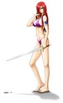  absurdres barefoot bikini brown_eyes earrings erza_scarlet fairy_tail hair_over_one_eye highres jewelry long_hair mechr red_hair smile solo swimsuit sword tattoo weapon wet 