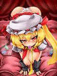  all_fours alternate_breast_size areolae ass bed blonde_hair blush breasts come_hither condom condom_in_mouth crystal fingerless_gloves flandre_scarlet gloves hat huge_breasts mouth_hold nail_polish nipples okiraku_nikku older open_clothes open_shirt panties red_eyes shirt side_ponytail solo touhou underwear white_panties wings 