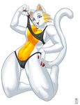  2007 big_breasts bikini blue_eyes breasts cat feline female hand_on_hip kneeling looking_at_viewer max_blackrabbit navel open_mouth red_claws skimpy solo swimsuit tail undressing whiskers white white_background yellow 