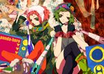  bad_id bad_pixiv_id baseball_bat crossed_legs dual_persona gloves goggles goggles_around_neck goggles_on_head green_eyes green_hair gumi hairband hat moanakana multiple_girls one_eye_closed orange_legwear panda_hero_(vocaloid) pantyhose pink_hair shoes short_hair sitting smile thighhighs vocaloid 