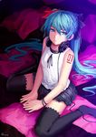  akizone aqua_eyes aqua_hair bad_id bad_pixiv_id checkered checkered_floor hatsune_miku headphones long_hair sitting solo twintails very_long_hair vocaloid world_is_mine_(vocaloid) 