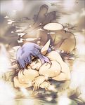  ass barefoot blue_hair blush bracelet breast_rest breasts elf feet hair_ornament hairclip hisahiko huge_breasts jewelry lying nipples nude on_stomach one_eye_closed onsen original partially_submerged pointy_ears soles solo steam water yellow_eyes 