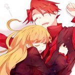  1girl anko_(kirikiri) bad_id bad_pixiv_id beatrice blonde_hair closed_eyes couple eyelashes fang formal hair_down hetero long_sleeves necktie open_mouth red_hair sleeping umineko_no_naku_koro_ni ushiromiya_battler vest 