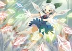  bad_id bad_pixiv_id blue_eyes blue_hair bow cirno crystal danmaku dress dutch_angle forehead foreshortening green_eyes hair_bow highres ice kodamari open_mouth outstretched_arms outstretched_hand short_hair solo teeth touhou wings 