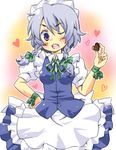  blue_eyes braid chocolate heart izayoi_sakuya maid maid_headdress ryou-tan+ short_hair silver_hair solo touhou twin_braids 